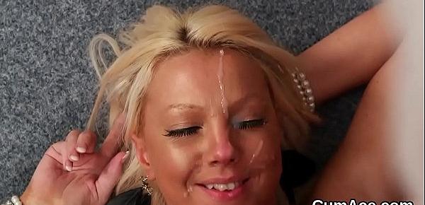  Flirty honey gets cumshot on her face sucking all the charge